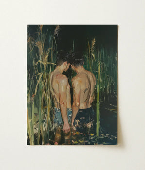 Rectangular Canvas Painting Two Shirtless Men Tall Green Gay Asian Lovers, Art Print, Small Harbor
