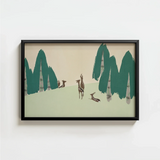 Framed Artwork Stylized Deer Trees Muted Green Beige Kamisaka Sekka Woodland, Forest, Teal-green Pine