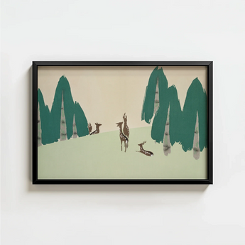 Framed Artwork Stylized Deer Trees Muted Green Beige Kamisaka Sekka Woodland, Forest, Teal-green Pine