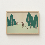 Minimalist Framed Artwork Stylized Deer Trees Muted Green Kamisaka Sekka Woodland, Forest, Teal-green Pine