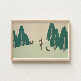 Minimalist Framed Art Print Stylized Deer Trees Muted Kamisaka Sekka Woodland, Forest, Teal-green Pine
