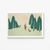 Framed Artwork Stylized Deer Brown White Mint Green Kamisaka Sekka Woodland, Forest, Teal-green Pine