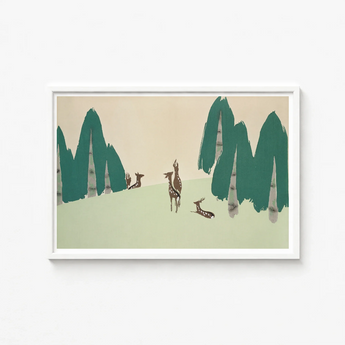 Framed Artwork Stylized Deer Brown White Mint Green Kamisaka Sekka Woodland, Forest, Teal-green Pine