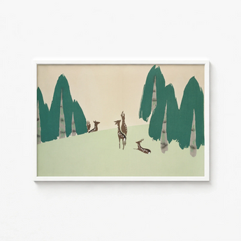 Framed Artwork Stylized Deer Trees Muted Green Beige Kamisaka Sekka Woodland, Forest, Teal-green Pine