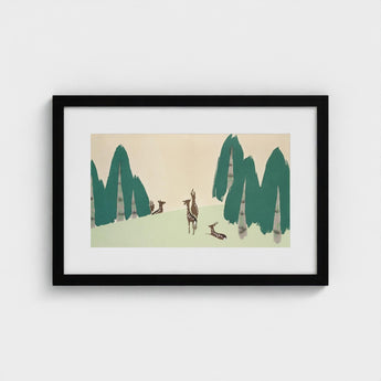 Deer - Kamisaka Sekka Woodland Forest Art Print / Canvas Black-framed Artwork Minimalist Illustration Teal Trees, Teal-green Pine Prints