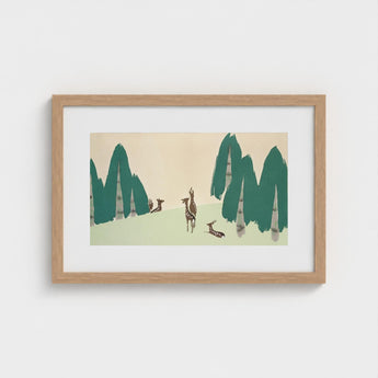 Deer - Kamisaka Sekka Woodland Forest Art Print / Canvas Minimalist Wooden-framed Stylized Trees Muted, Teal-green Pine Prints