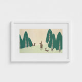 Deer - Kamisaka Sekka Woodland Forest Art Print / Canvas White-framed Artwork Stylized Green Trees Brown Pale, Teal-green Pine Prints