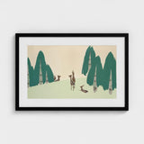 Deer - Kamisaka Sekka Woodland Forest Art Print / Canvas Black-framed Artwork Stylized Trees Muted Green Beige, Teal-green Pine Prints