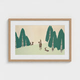 Deer - Kamisaka Sekka Woodland Forest Art Print / Canvas Minimalist Framed Stylized Trees Muted, Teal-green Pine Prints