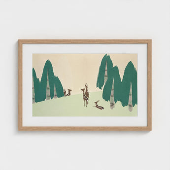 Deer - Kamisaka Sekka Woodland Forest Art Print / Canvas Minimalist Framed Stylized Trees Muted, Teal-green Pine Prints