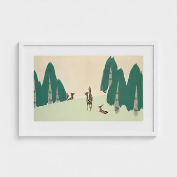 Deer - Kamisaka Sekka Woodland Forest Art Print / Canvas White-framed Artwork Stylized Trees Muted Green Beige, Teal-green Pine Prints