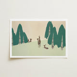 Deer - Kamisaka Sekka Woodland Forest Art Print / Canvas Minimalist Illustrated Stylized Trees Teal, Teal-green Pine Prints