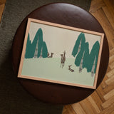 Deer - Kamisaka Sekka Woodland Forest Art Print / Canvas Rectangular Framed Artwork Stylized Green Trees Deer Silhouettes Kamisaka Sekka