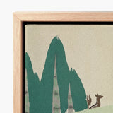 Framed Canvas Print Stylized Teal Mountains Brown Deer Kamisaka Sekka Woodland, Forest, Teal-green Pine