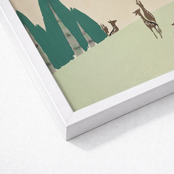 Framed Art Print Stylized Green Trees Brown Deer Kamisaka Sekka Woodland, Forest, Teal-green Pine