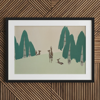 Deer - Kamisaka Sekka Woodland Forest Art Print / Canvas, Kamisaka Sekka Woodland, Sekka Woodland Forest, Teal-green Pine