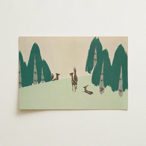 Deer - Kamisaka Sekka Woodland Forest Art Print / Canvas, Kamisaka Sekka Woodland, Sekka Woodland Forest, Teal-green Pine
