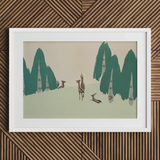 Deer - Kamisaka Sekka Woodland Forest Art Print / Canvas, Kamisaka Sekka Woodland, Sekka Woodland Forest, Teal-green Pine