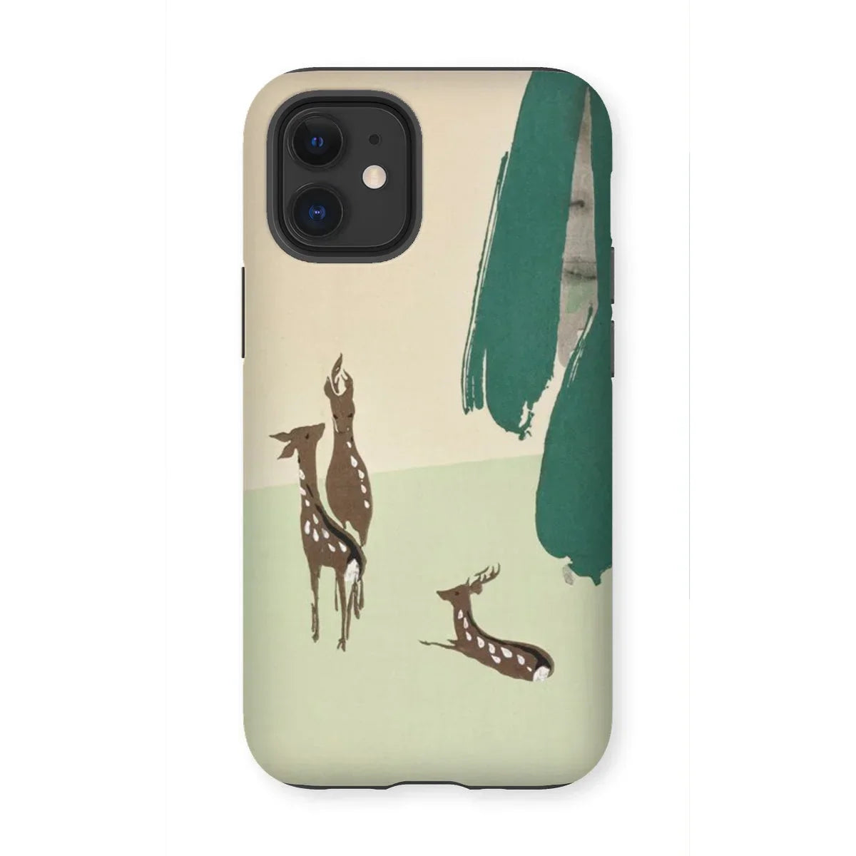 Deer from Momoyogusa - Kamisaka Sekka Iphone Case, 12 Mini / Matte, Phone Case Artistic Design Deer Silhouettes Green Brushstrokes
