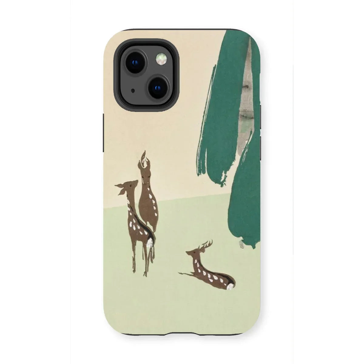 Deer from Momoyogusa - Kamisaka Sekka Iphone Case, 13 Mini / Matte, Phone Case Minimalist Design Deer Silhouettes Green Brushstrokes