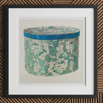 Delicate Blue Box - Decorative 1930s Art Print, 12x12’’ / 31x31cm / Black Frame / 2’’ Matboard, Decorative Oval Box Teal Lid Body Adorned