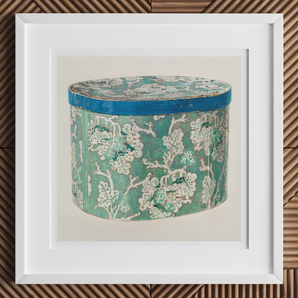 Delicate Blue Box - Decorative 1930s Art Print, 12x12’’ / 31x31cm / White Frame / 2’’ Matboard, Oval Hatbox Blue Lid Teal White Floral