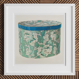 Delicate Blue Box - Decorative 1930s Art Print, 12x12’’ / 31x31cm / White Frame / 2’’ Matboard, Oval Hatbox Blue Lid Teal White Floral