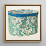 Delicate Blue Box - Decorative 1930s Art Print / Canvas Vintage-style Cylindrical Hatbox Teal White Floral Pattern Accented Decorative
