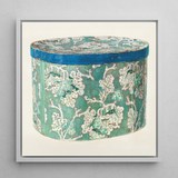 Delicate Blue Box - Decorative 1930s Art Print / Canvas Vintage-style Cylindrical Hatbox Teal White Floral Pattern Accented Decorative