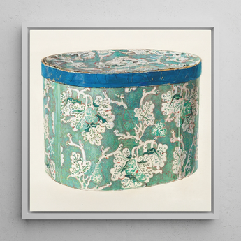 Delicate Blue Box - Decorative 1930s Art Print / Canvas Vintage-style Cylindrical Hatbox Teal White Floral Pattern Accented Decorative