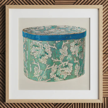 Delicate Blue Box - Decorative 1930s Art Print / Canvas Vintage-style Teal White Floral-patterned Cylindrical Hatbox Blue Lid Decorative