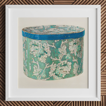 Delicate Blue Box - Decorative 1930s Art Print / Canvas Vintage-style Teal White Floral-patterned Cylindrical Hatbox Blue Lid Decorative