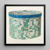 Delicate Blue Box - Decorative 1930s Art Print / Canvas Vintage Teal White Floral-patterned Cylindrical Hatbox Blue Rim Decorative Decor,