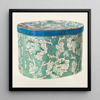 Delicate Blue Box - Decorative 1930s Art Print / Canvas Vintage Teal White Floral-patterned Cylindrical Hatbox Blue Rim Decorative Decor,