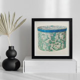 Delicate Blue Box - Decorative 1930s Art Print, Framed Artwork Vintage-style Floral Patterned Hatbox Round Container