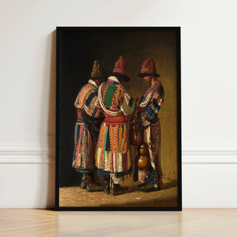 Black-framed Canvas Print Three Figures Colorful Intricately Patterned Vasily Vereshchagin’s Dervishes, Whirling Color, Mystic Devotion