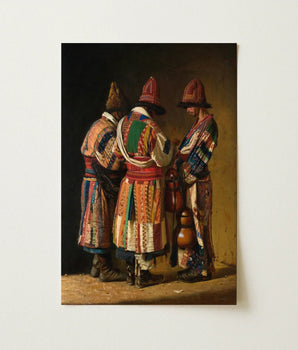 Framed Painting Three Figures Ornate Colorful Traditional Attire Vasily Vereshchagin’s Dervishes, Whirling Color, Mystic Devotion