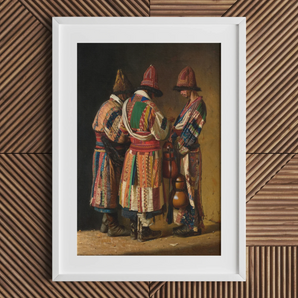 Dervishes in Festive Attire - Vasily Vereshchagin Art Print, Framed Painting Three Figures Colorful Traditional Costumes Pointed