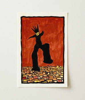 Stylized Black Figure Spiky Hair Yellow Face Stands Karl Wiener, Art Print, Stops, Destruction, Jet Giant, Caught, Mid-stride