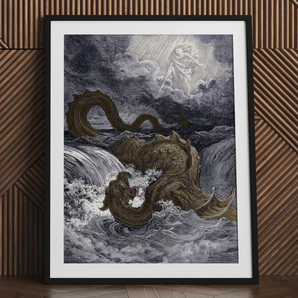 Destruction of Leviathan - Gustave Dore Art Print, 24x32’’ / 61x81cm / Black Frame / 2’’ Matboard, Framed Print Mythical Sea Creature