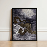 Black-framed Artwork Dark Serpentine Sea Monster Turbulent Waves Heavens Ignite, Jaws Unhinged, Divine Silhouette Bearing