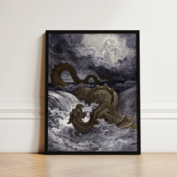 Black-framed Artwork Dark Serpentine Sea Monster Turbulent Waves Heavens Ignite, Jaws Unhinged, Divine Silhouette Bearing