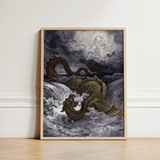 Framed Black-and-white Illustration Dragon Turbulent Waters Encased Light Heavens Ignite, Jaws Unhinged, Divine Silhouette Bearing