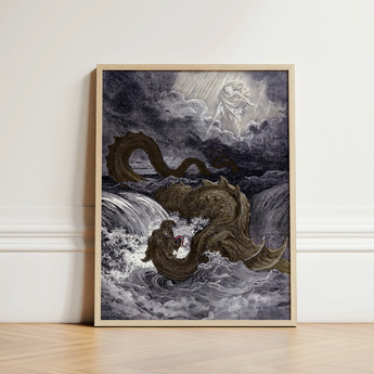 Framed Black-and-white Illustration Dragon Turbulent Waters Encased Light Heavens Ignite, Jaws Unhinged, Divine Silhouette Bearing