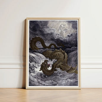 Framed Black-and-white Illustration Dragon Turbulent Waters Encased Light Heavens Ignite, Jaws Unhinged, Divine Silhouette Bearing