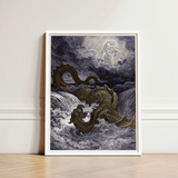 Framed Black-and-white Illustration Serpentine Sea Monster Turbulent Waves Heavens Ignite, Jaws Unhinged, Divine Silhouette Bearing