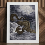 Destruction of Leviathan - Gustave Dore Art Print / Canvas Framed Artwork Mythical Creature Ocean Divine Figure Heavens Ignite, Jaws