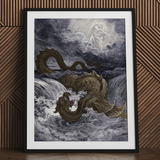 Destruction of Leviathan - Gustave Dore Art Print / Canvas Framed Print Mythical Sea Creature Divine Figure Heavens Ignite, Jaws Unhinged,