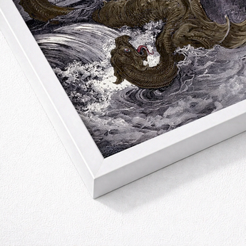 Framed Artwork Dark Textured Dragon Red Accents Turbulent Heavens Ignite, Jaws Unhinged, Divine Silhouette Bearing
