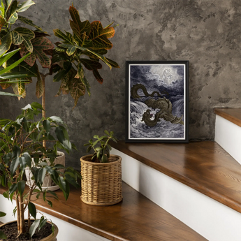 Destruction of Leviathan - Gustave Dore Art Print, Framed Print Mythical Sea Creature Figure Amidst Turbulent